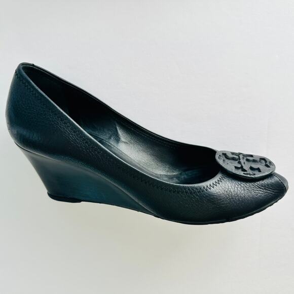 Tory Burch Julianne Peep Toe Wedge Pumps Black Leather Size 10 Casual Work - Picture 1 of 6